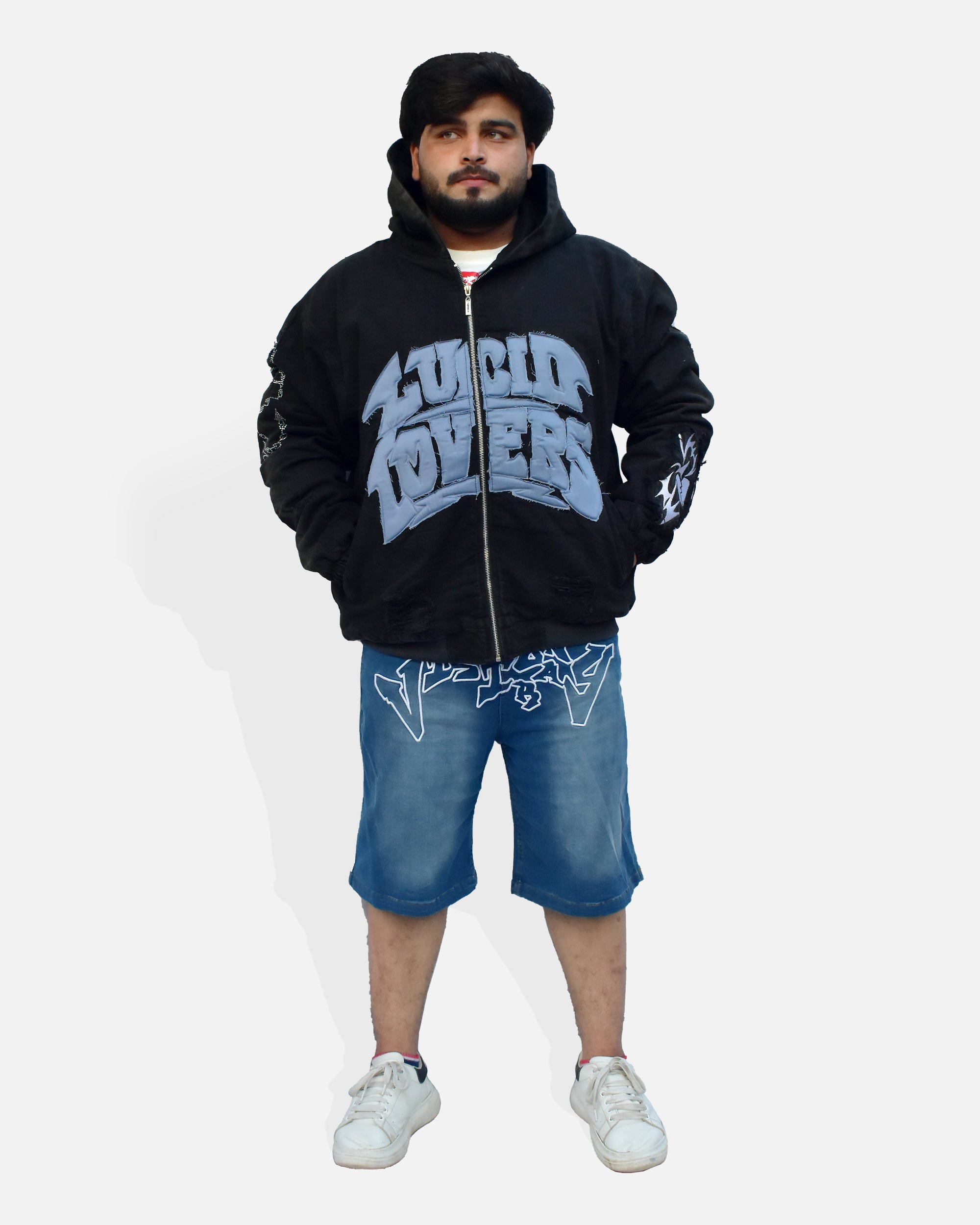 Appliqué Full-Zip Hoodie (Black / Ice Blue)