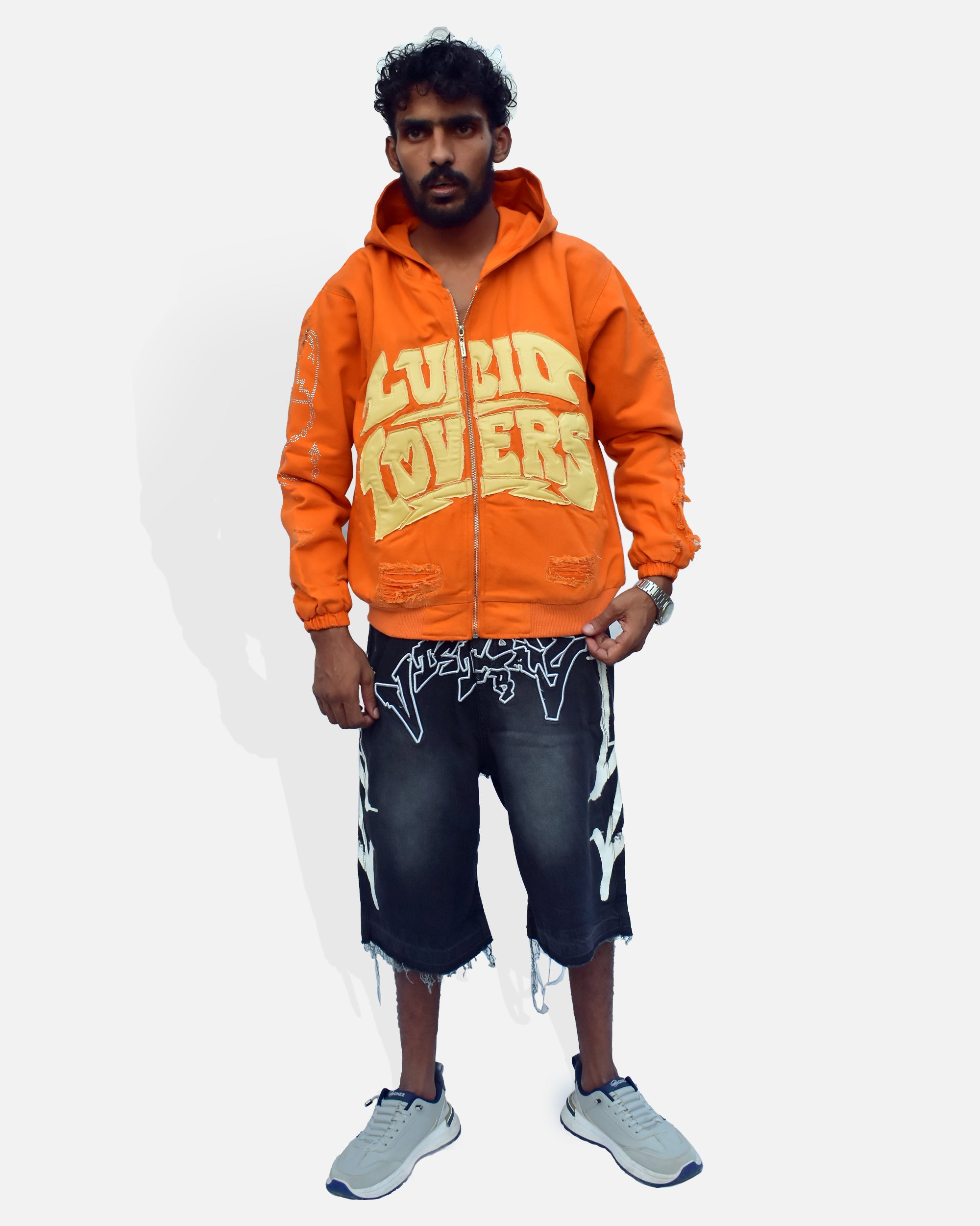 Appliqué Full-Zip Hoodie (Orange / Off White)
