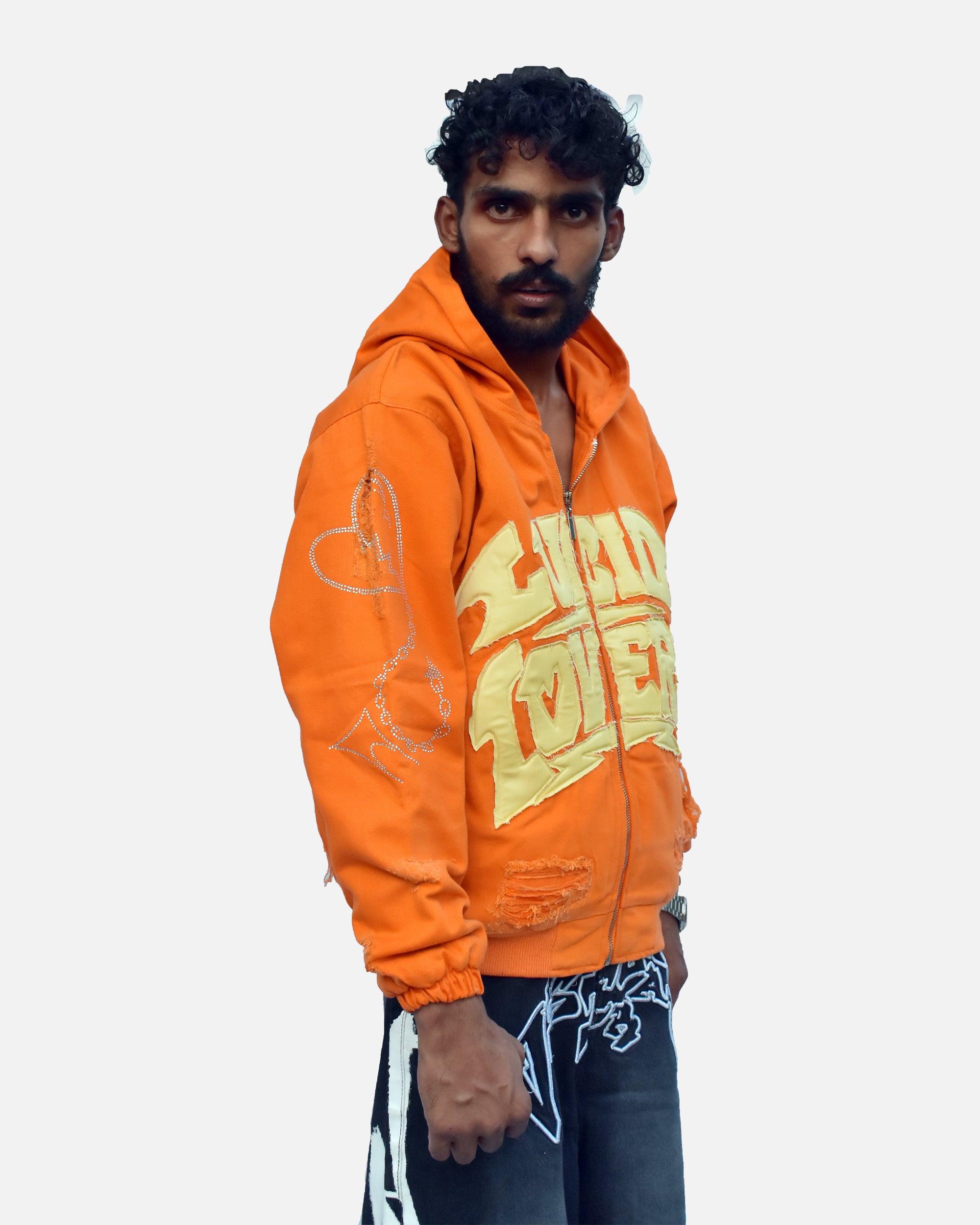 Appliqué Full-Zip Hoodie (Orange / Off White)